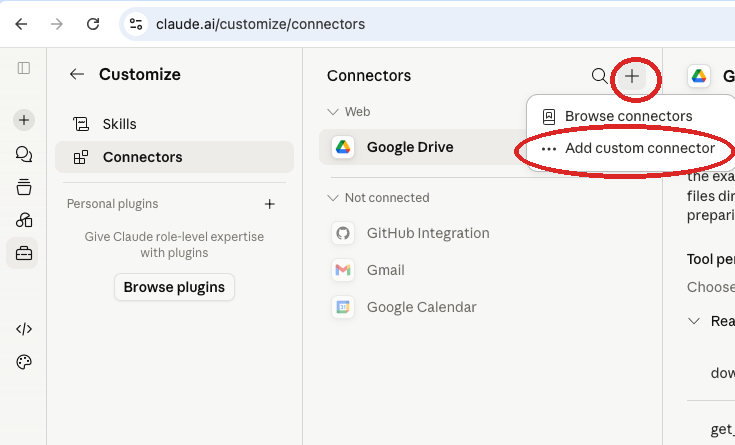 Claude: + → Add custom connector