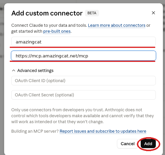 Claude: форма Add custom connector